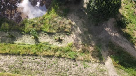 Antena-De-Drones-Sobre-La-Presa-Que-Baja-Para-Estar-Entre-Los-árboles-En-Una-Granja-Exuberante