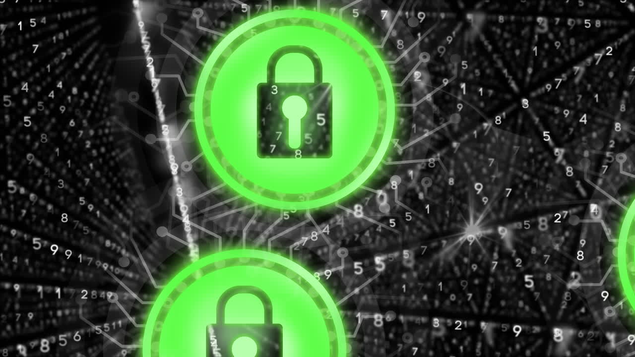 animación de la red de conexiones con iconos de seguridad de candado sobre números