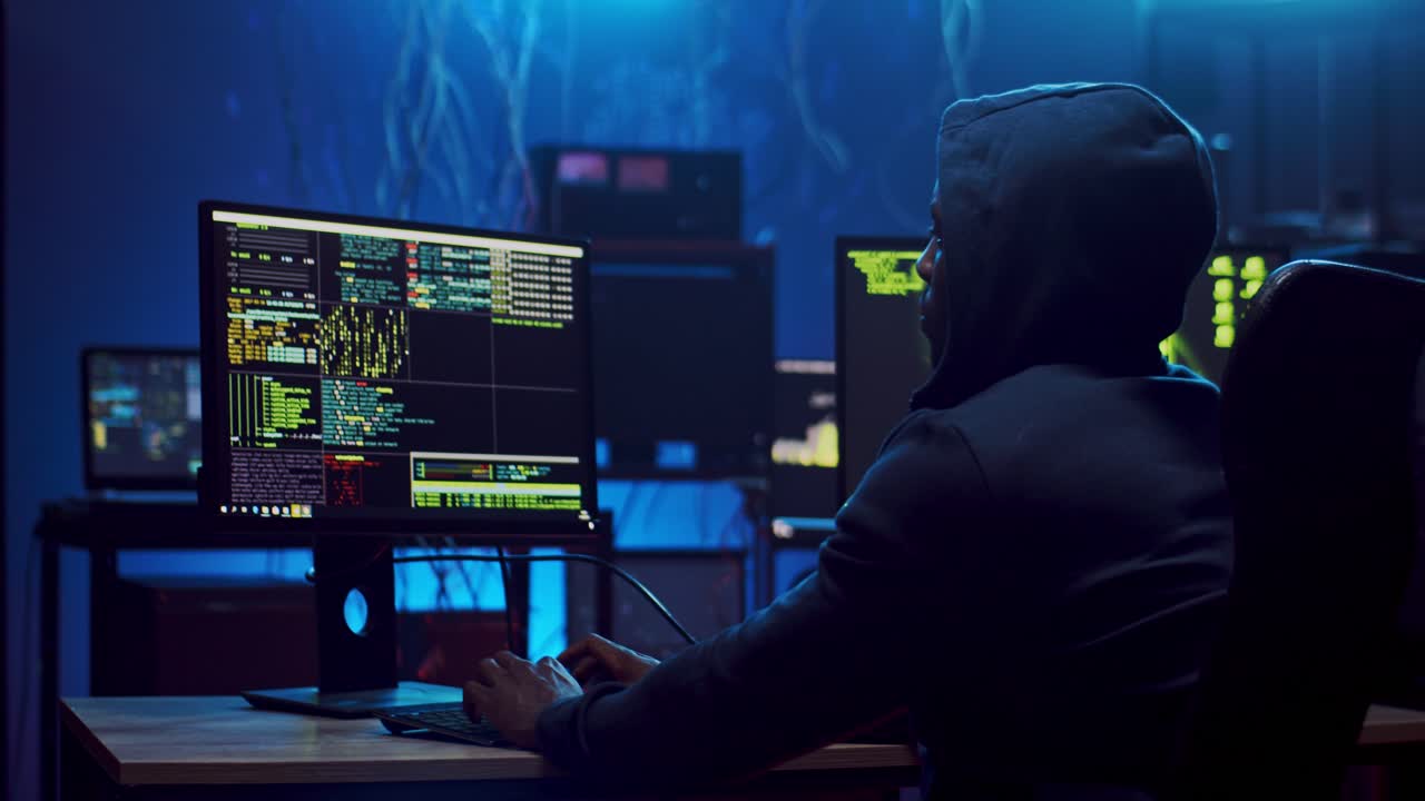 Back View On The Man In A Hood Sitting And Working At The Computer In The Dark Room With Technologies, Hacking The System And Laundring Data