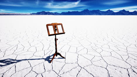 an old music stand is on white salt desert