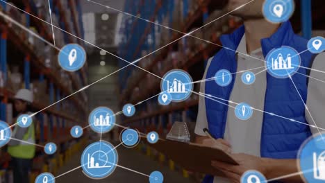 Animation-of-icons-connecting-dots,-caucasian-male-supervisor-checking-stock-at-warehouse