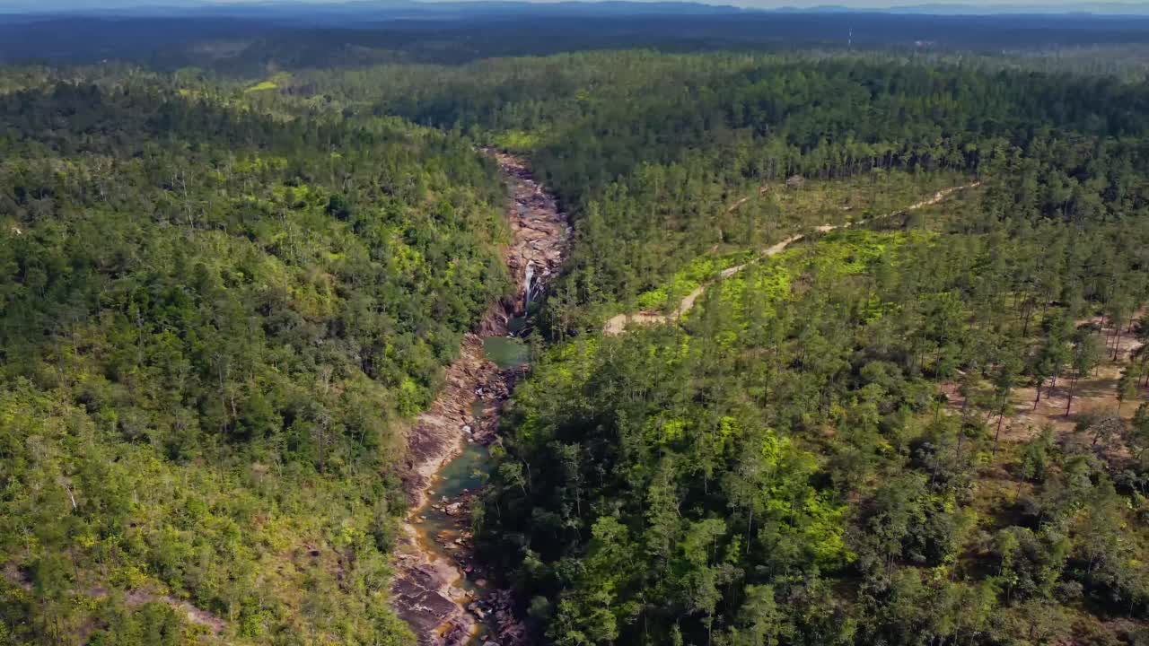 Ujęcie z lotu ptaka znad strumienia zasilającego wodospad Big Rock Falls w Rezerwacie Leśnym Mountain Pine Ridge, Belize