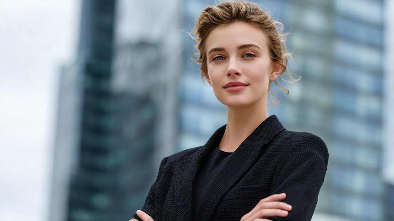 Confident Businesswoman Posing with Poise Against a Modern Urban Background, Showcasing Professionalism and Charm in a Stylish Attire
