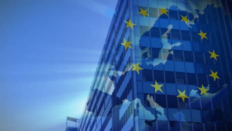 animation of european union flag and map over tall buildings against clouds in the sky