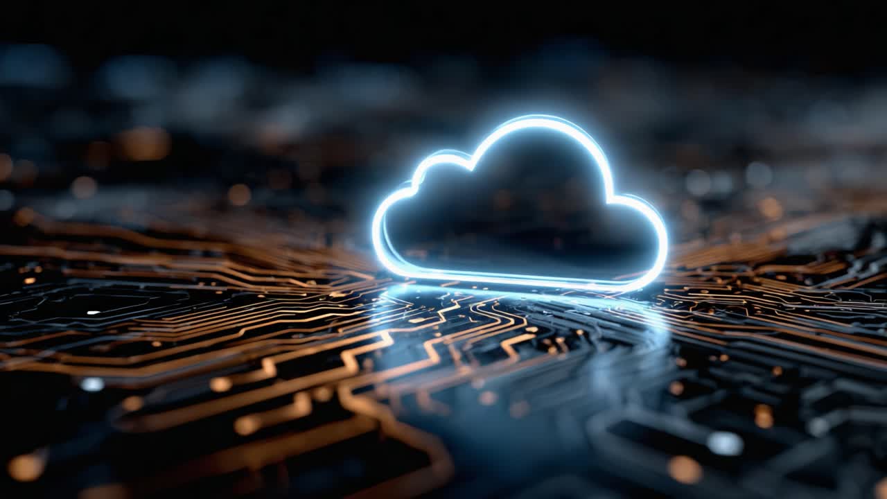Simbolo di cloud illuminato su sfondo di circuiti che rappresenta l'archiviazione dei dati e la connettività nel regno digitale