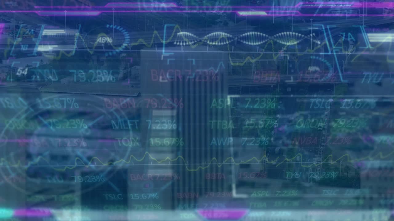 Animation of stock market and scope scanning over cityscape