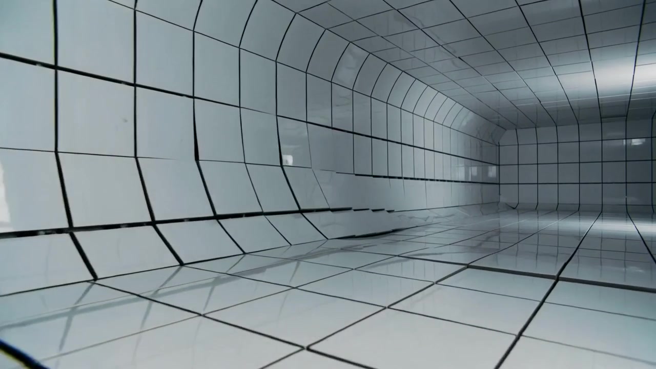 Play starting panning cam dollying right ahead curved tile tunnel, revealing panels and far wall