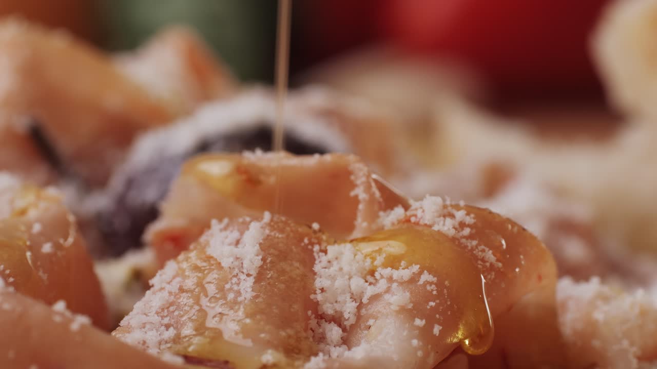 Ham italian mordatella, man Slices Of Traditional Italian antipasti mortadella sausage on a wooden cutting board, close up macro of chicken or turkey jamon, fat breakfast dish.