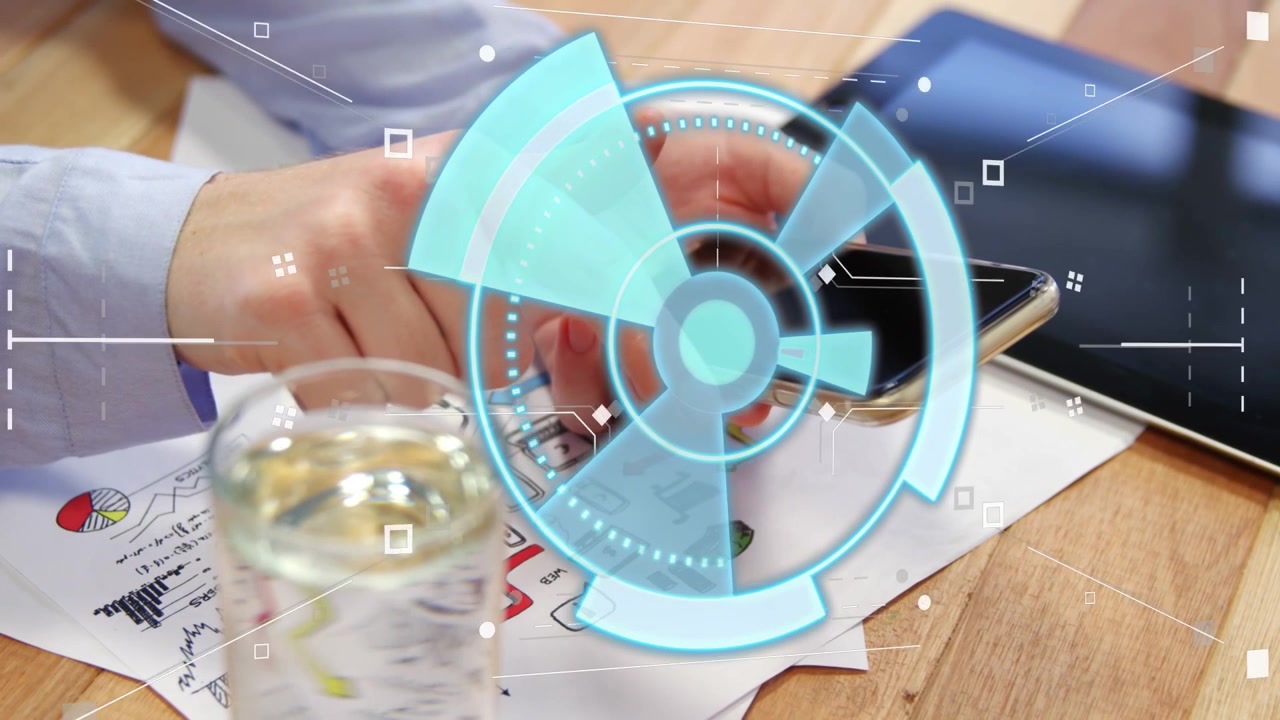 Left hand steadying smartphone, right finger tapping and swiping to review charts, HUD rotating