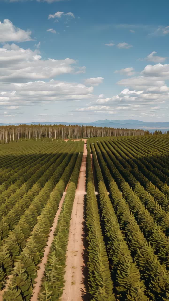 Vertical video: Drone taking off moving along farm dirt road flanked by trees approaching forest