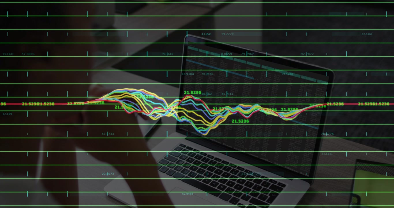 Data analyst leaning and observing waveform chart pulsing upward on laptop analyzing trend shifts