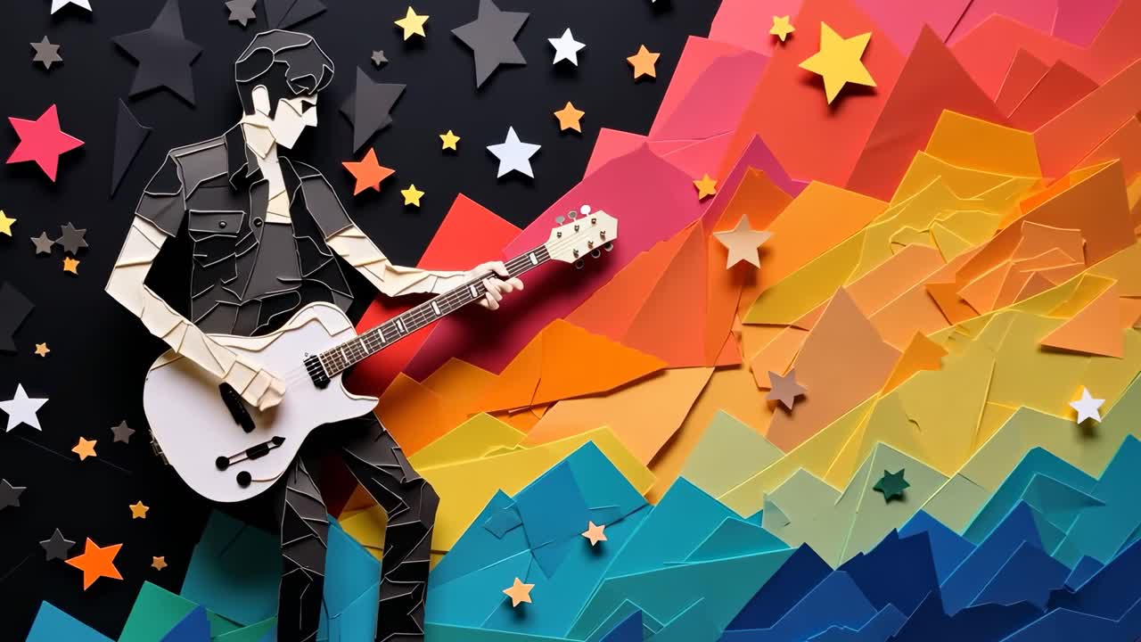 Arte su carta colorata di un chitarrista con stelle, visto da un angolo laterale