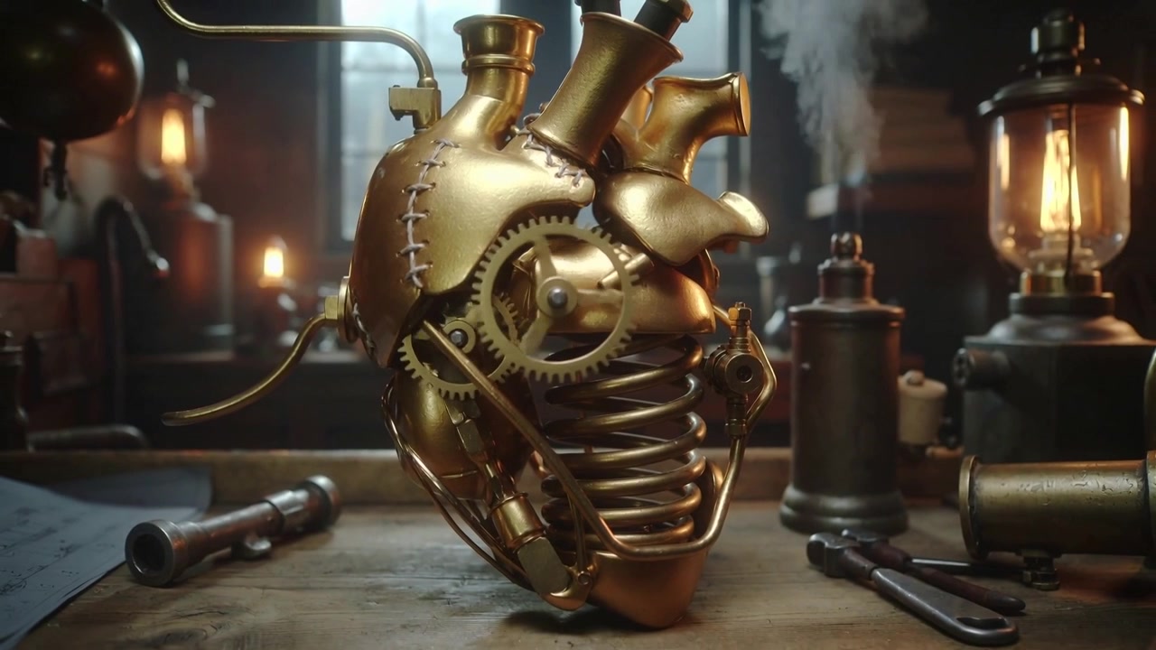 Kameraet trækker sig tilbage og afslører et messinghjerte med spole, mens tandhjul roterer på en træbænk i et steampunk-værksted.