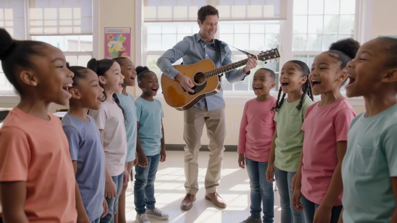 Istruttore in camicia blu che strimpella la chitarra acustica e guida gli studenti a cantare in classe.