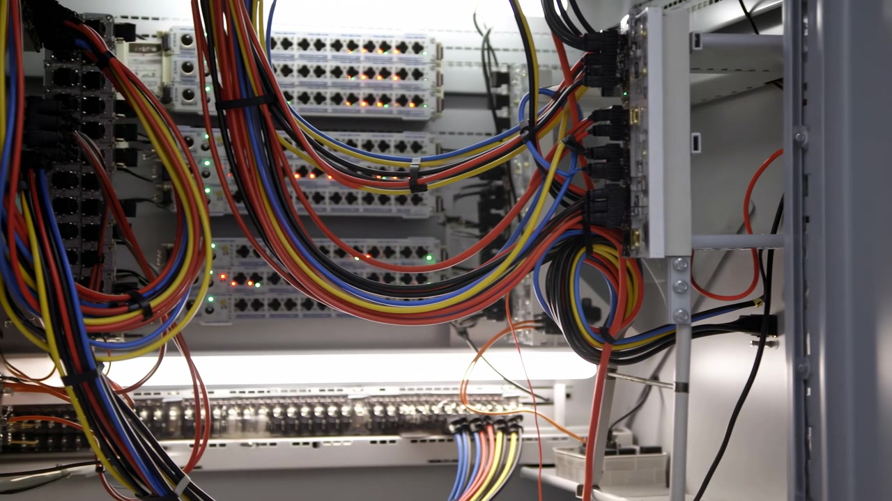 Close view of multicolored cables and connectors inside electrical panel shows organized wiring layout, plastic channels, metal parts, and bright indoor lighting across static composition.