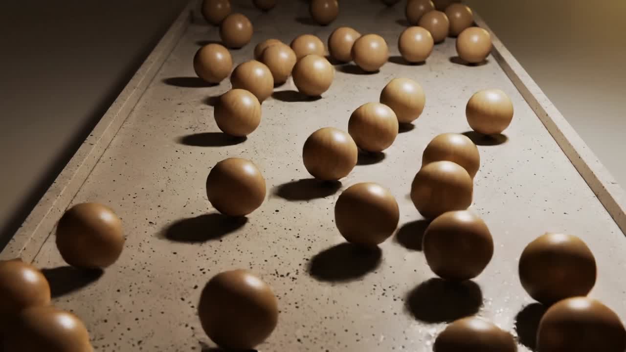 Rolling brown spheres starting motion from far end, colliding and casting shadows on speckled tray