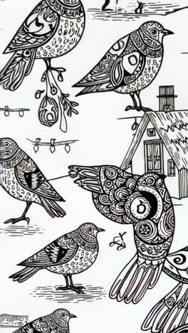 intricate monochrome bird illustration with zentangle-inspired patterns