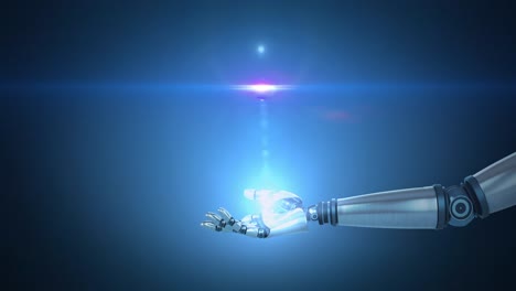 Animation-of-blue-light-and-lens-flare-over-hand-of-robot-arm,-with-moving-light-on-blue-background
