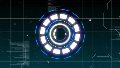 animation of scope scanning and data processing over network of connections on dark background