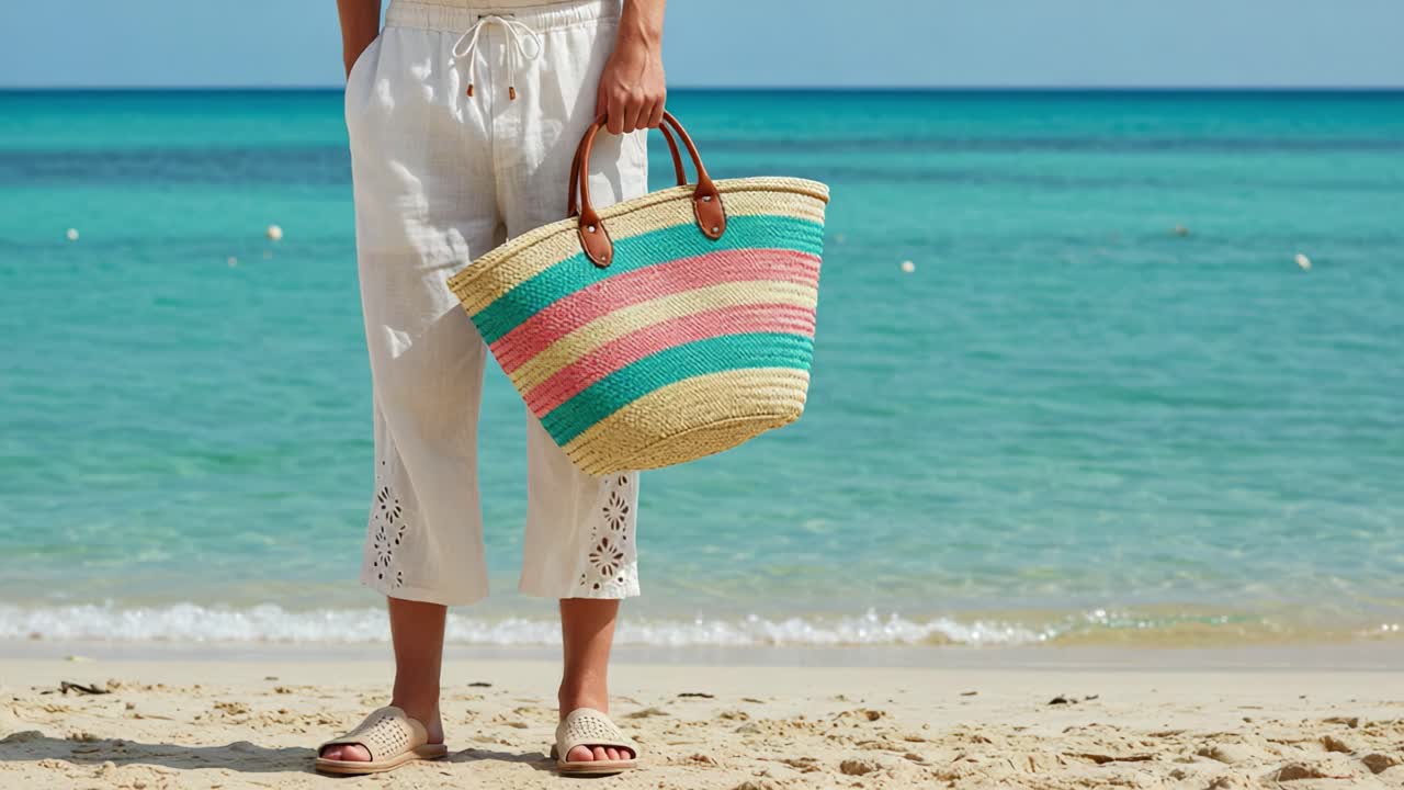 Woman Standing on Beach with Colorful Straw Tote Bag, Embracing the Relaxation and Beauty of a Sunny Day by the Ocean, Footprints in the Sand, with Gentle Waves in Background
