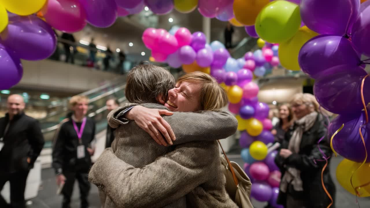 Two Friends Embrace in Joyful Reunion Beneath Colorful Balloon Arch at a Festive Gathering, Capturing the Essence of Celebration and Connection Amongst Loved Ones