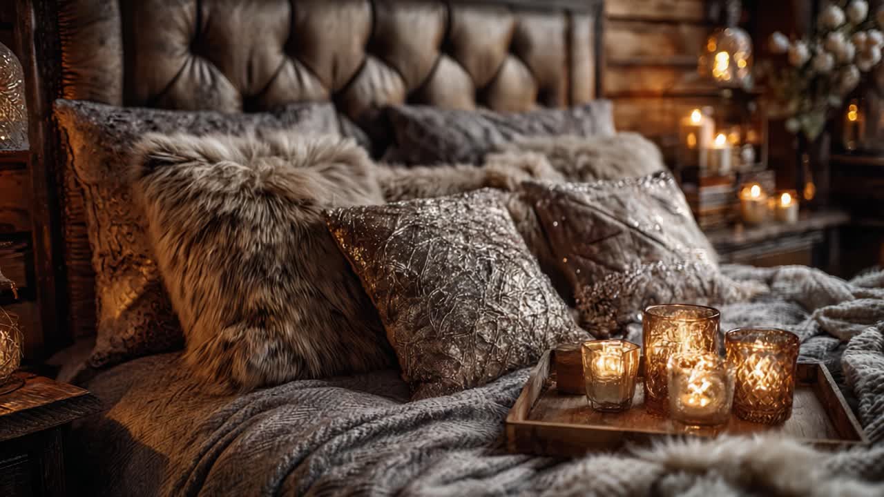 Accogliente Allestimento della Camera da Letto con Tessuti Morbidi e Calda Luce di Candela, che Crea un'Atmosfera Invitante di Comfort e Lusso per il Relax