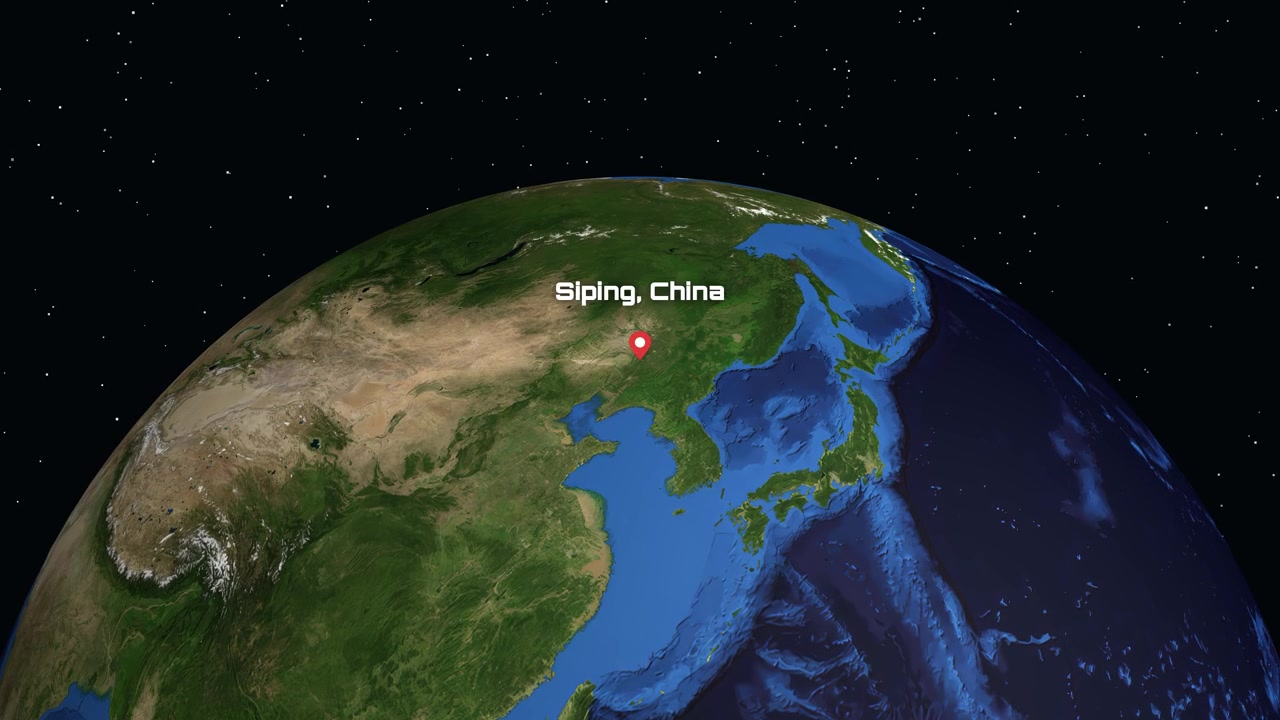A digital animation zooms from deep space into a specific location marker in Siping, China