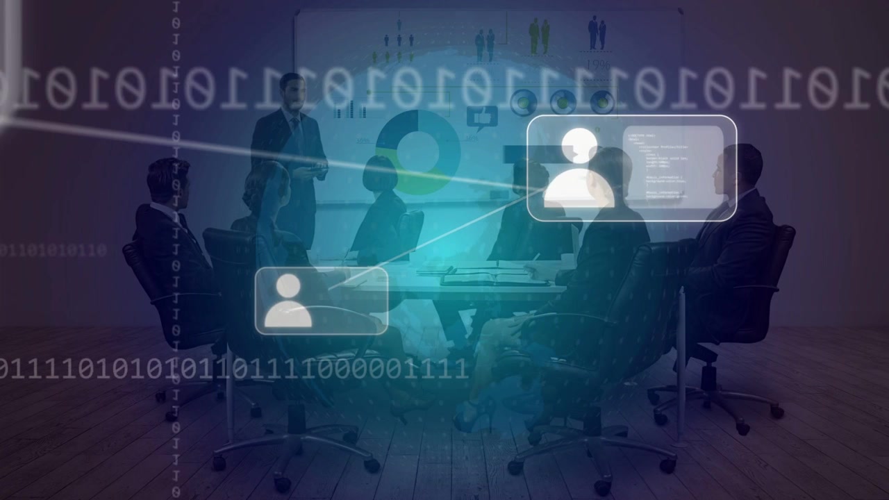 Host tapping tablet, globe appearing over table, avatar panels sliding, displaying business data