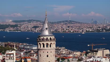 tourists enjoying panoramic view from galata tower observation deck. golden horn, camlica tower
