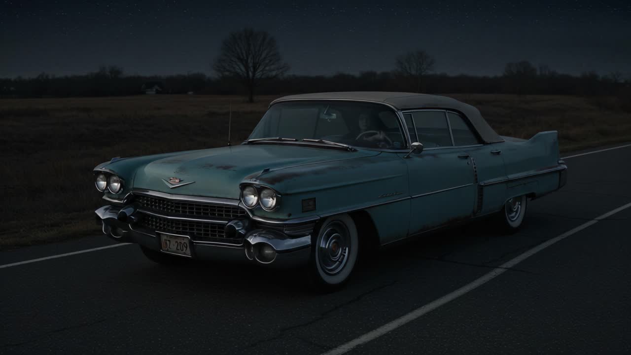 Classic Vintage Car at Night: A Stunning 1950s Cadillac Showcasing Iconic Design and Elegance on a Serene Open Road Under a Starry Sky