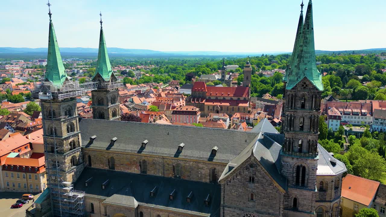 4K Aerial Drone Video of the Historic Bamberg Cathedral in the Old Town area of Bamberg, Germany