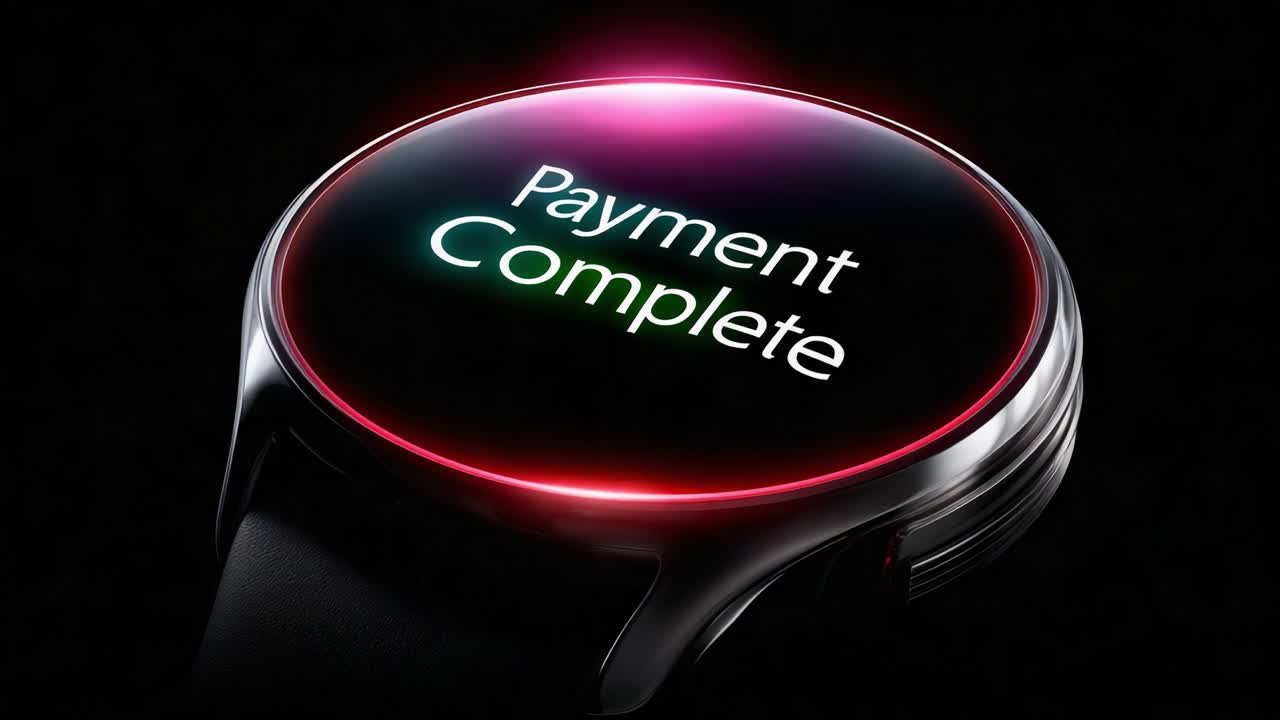 High-Tech Smartwatch Display Showing 'Payment Complete' Confirmation on Sleek Black Background, Illustrating Modern Digital Transactions and Wireless Payment Technology Innovations