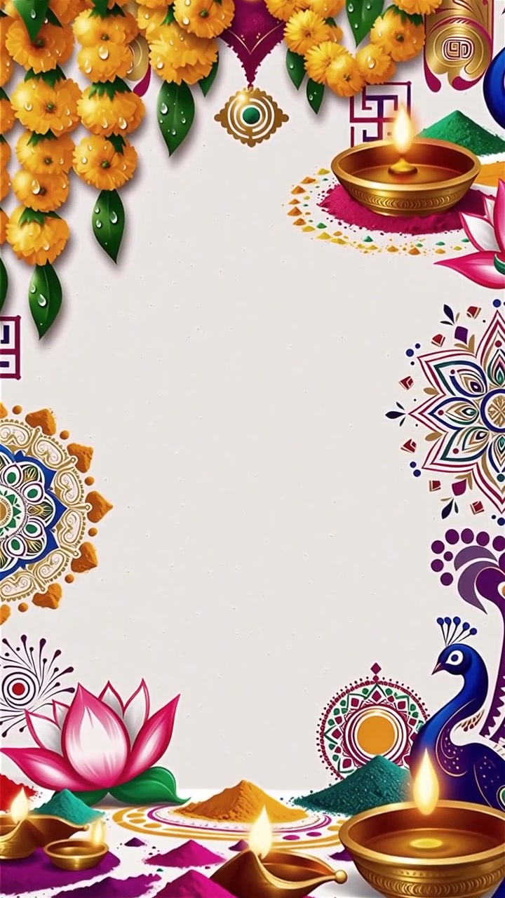 Sfondo Diwali con Diyas luminosi, Rangoli e fiori di loto