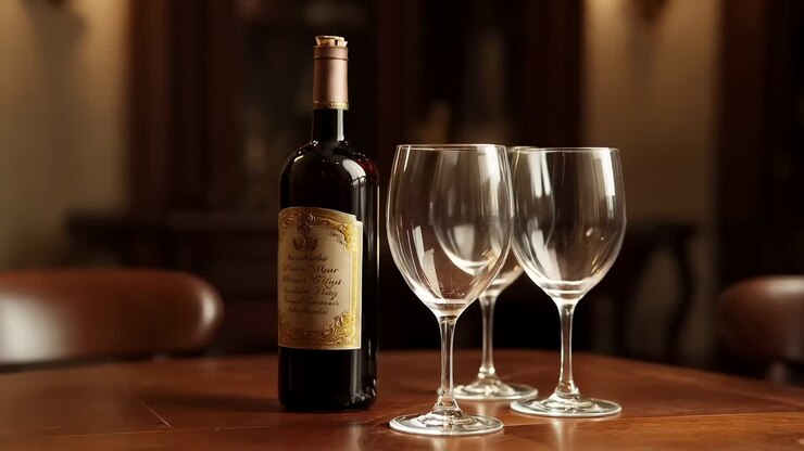Shifting camera presenting sealed red wine bottle, two empty glasses on polished table in parlor