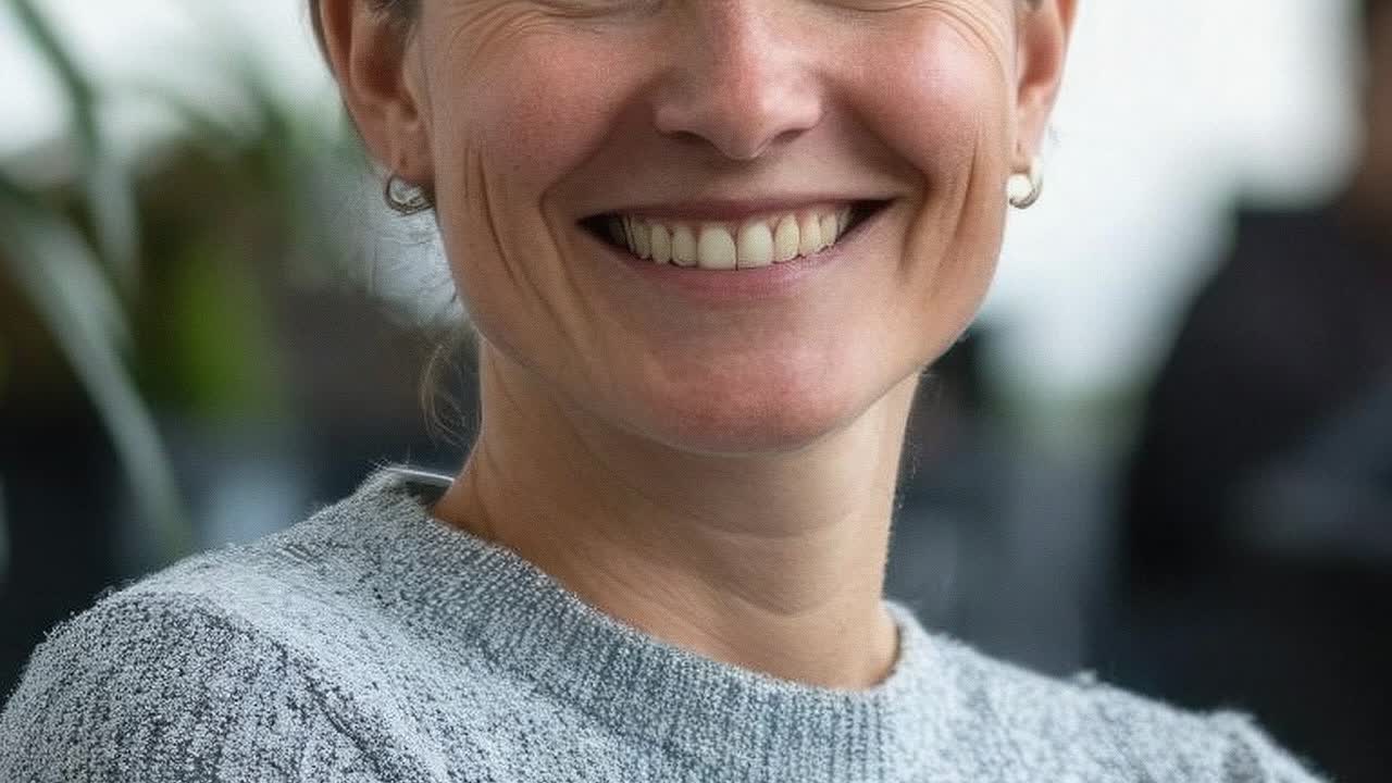 Close-up video still of a smiling woman in a cozy sweater, shot from a slightly low angle