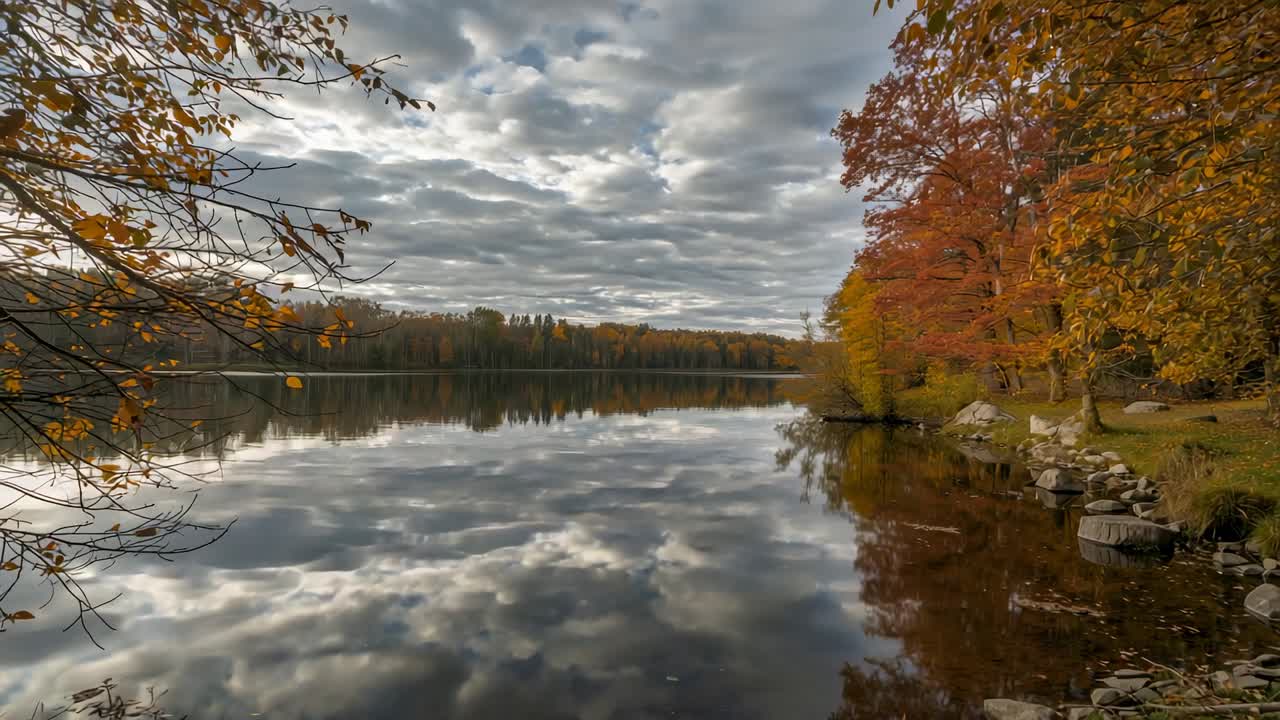 Light breeze causing ripples warping cloud reflection on lake at autumn shore, with deciduous trees