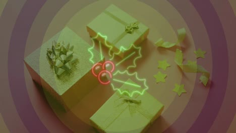 animación de neón bay y santo sobre regalos de navidad y círculos púrpuras