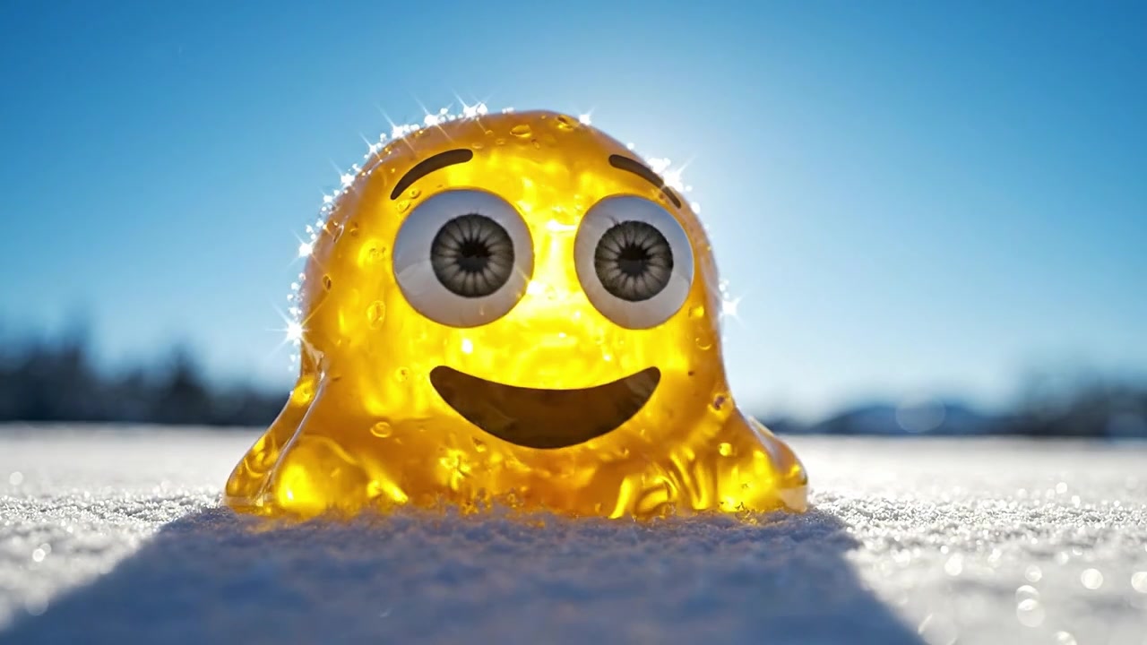 Un allegro personaggio di gelatina giallo risplende sotto il sole splendente, catturando l'essenza della giocosità e della gioia in mezzo a un paesaggio invernale innevato.