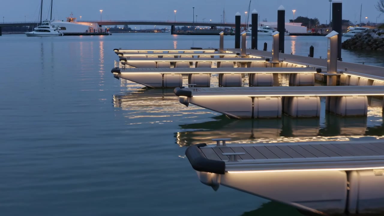Glowing lit floating docks sliding right at marina dusk, camera panning revealing LED reflections