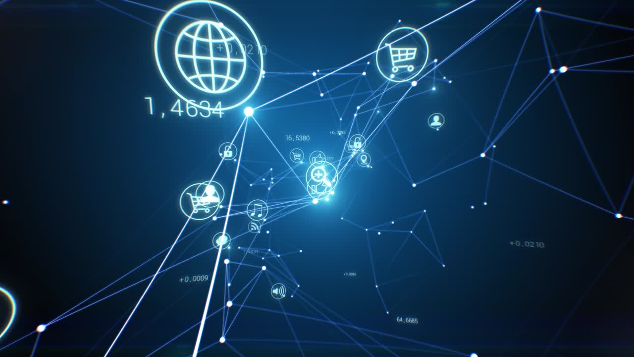 hermosa red de crecimiento abstracto con iconos de software que fluyen sin problemas. animación en bucle 3d de iconos y enlaces digitales. luces intermitentes del ciberespacio. concepto de negocio electrónico.