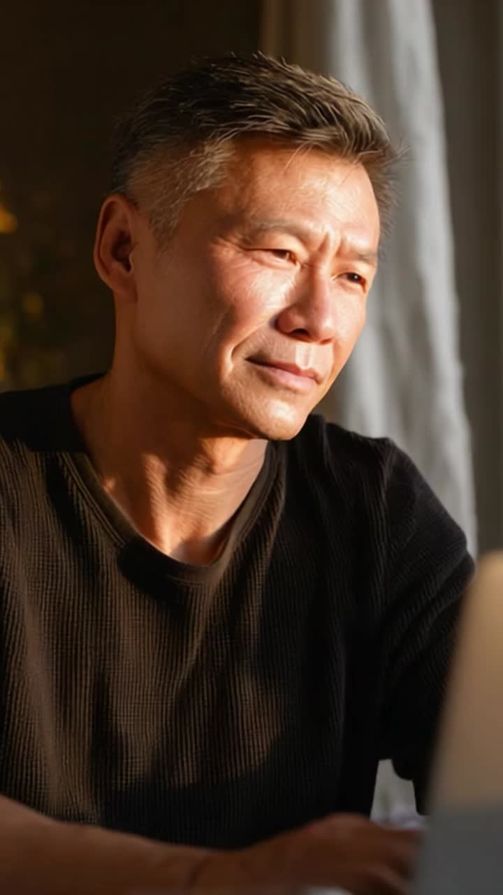 ノートパソコンで作業しながら思索にふける男性。温かい光に包まれた居心地の良い空間で、集中している様子を描いています。