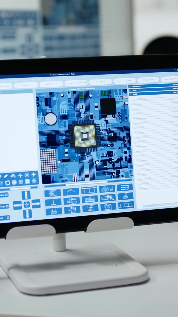 Vertical video Technician reviews microchip production operations using devices inside factory