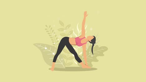 mujer hace ejercicio de yoga en la naturaleza. postura triangular. personaje de dibujos animados femenino demostrando postura de yoga. estilo de vida saludable. animación de bucle.