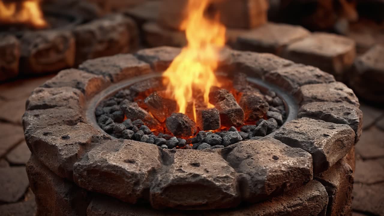 En smukt konstrueret bålplads omgivet af sten, der fanger flammernes varme og glød i en hyggelig udendørs ramme.