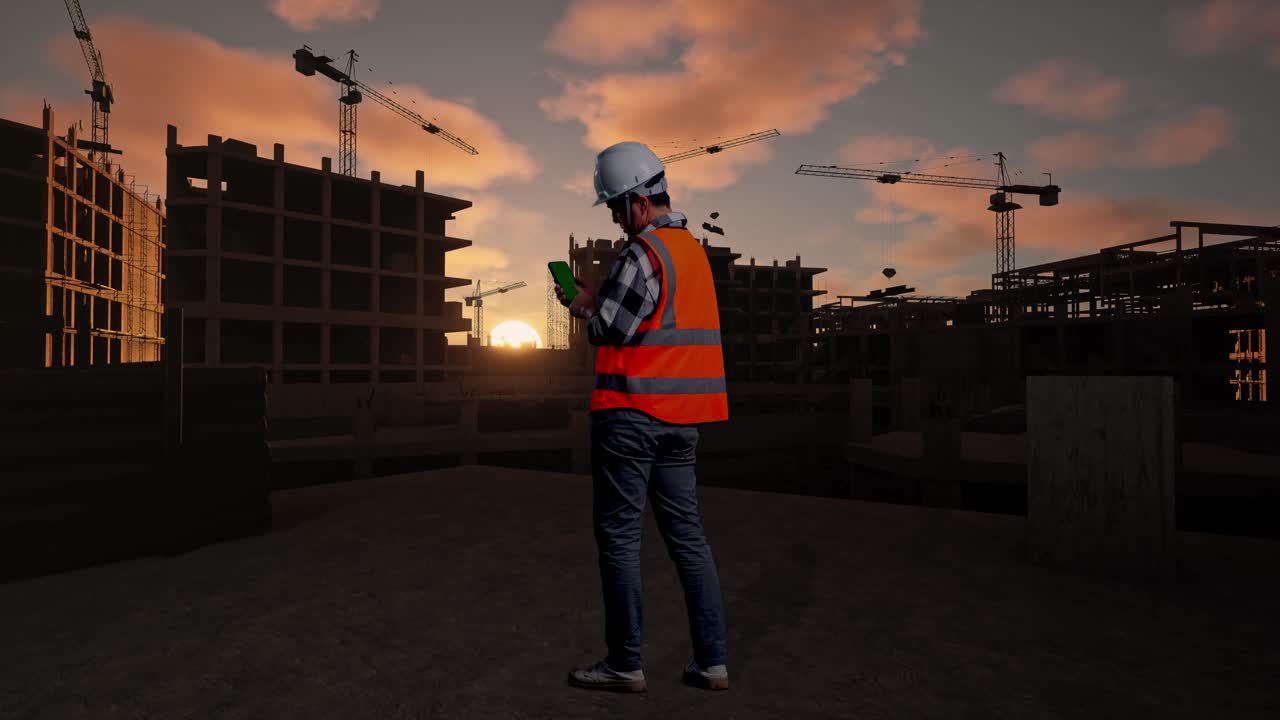 Full Body Back View Of Asian Male Engineer With Safety Helmet Working On A Green Screen Smartphone And Looking Around While Standing At Building & Construction Site in Progress to New House
