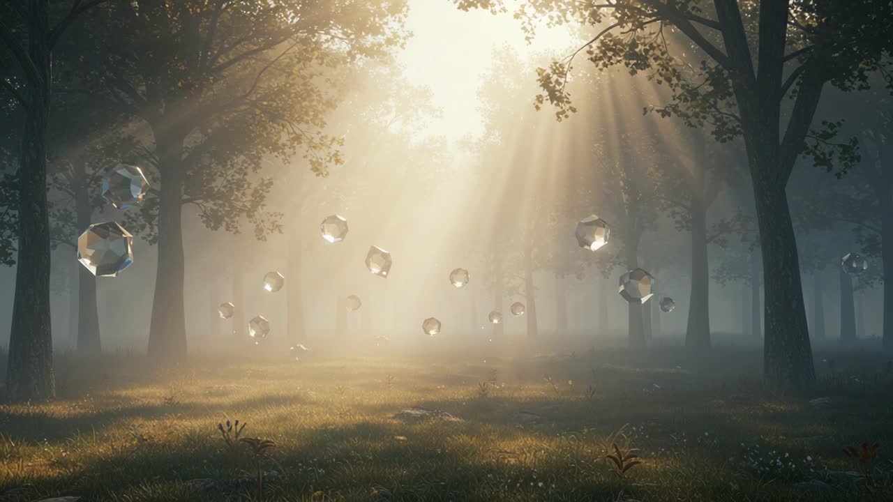 Enigmatic Forest with Floating Crystals: A Dreamlike Scene Captured in Golden Light and Mist, Inviting Wonder and Imagination in Nature's Embrace