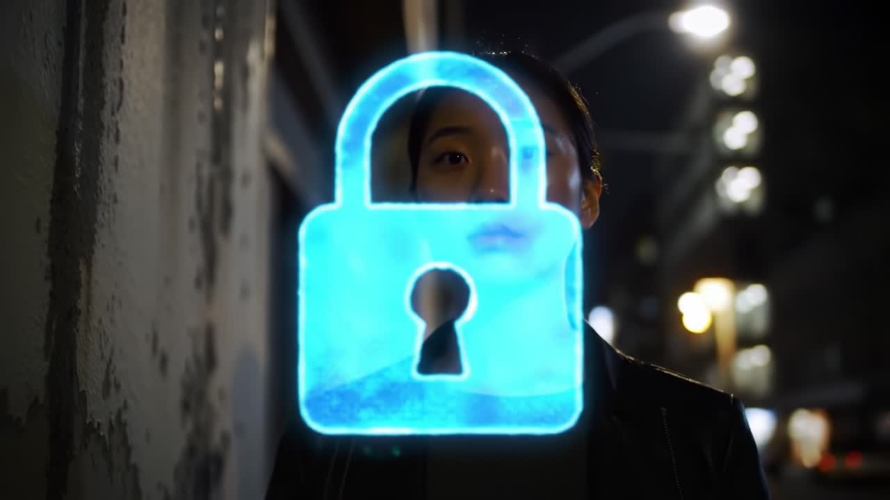 Woman with a Neon Blue Lock Overlay