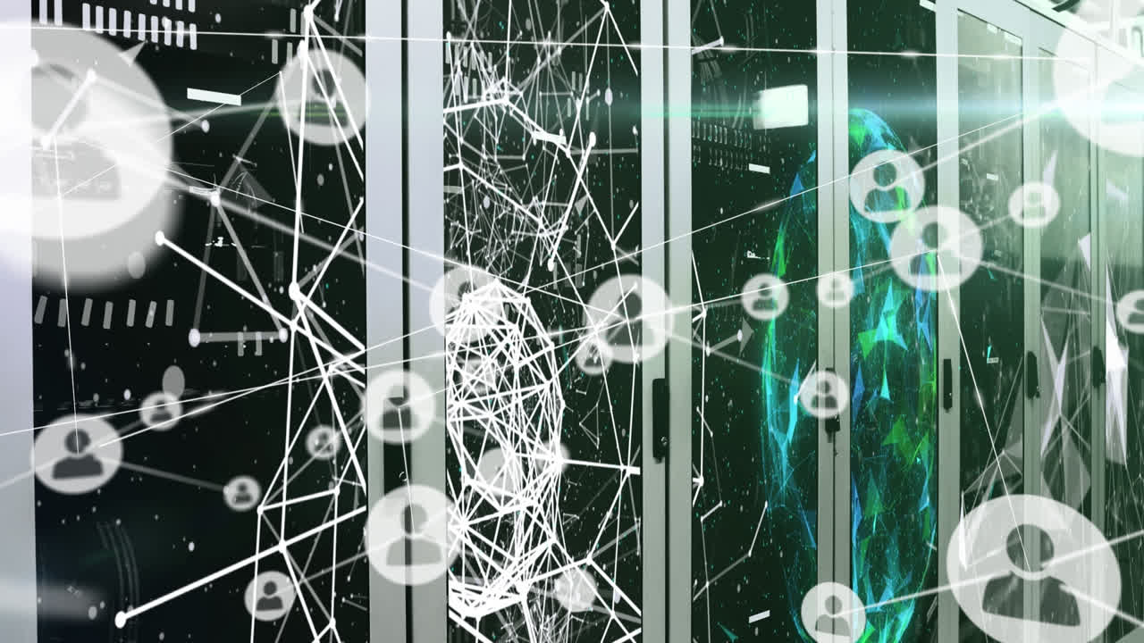 animación de la red de conexiones con iconos sobre servidores