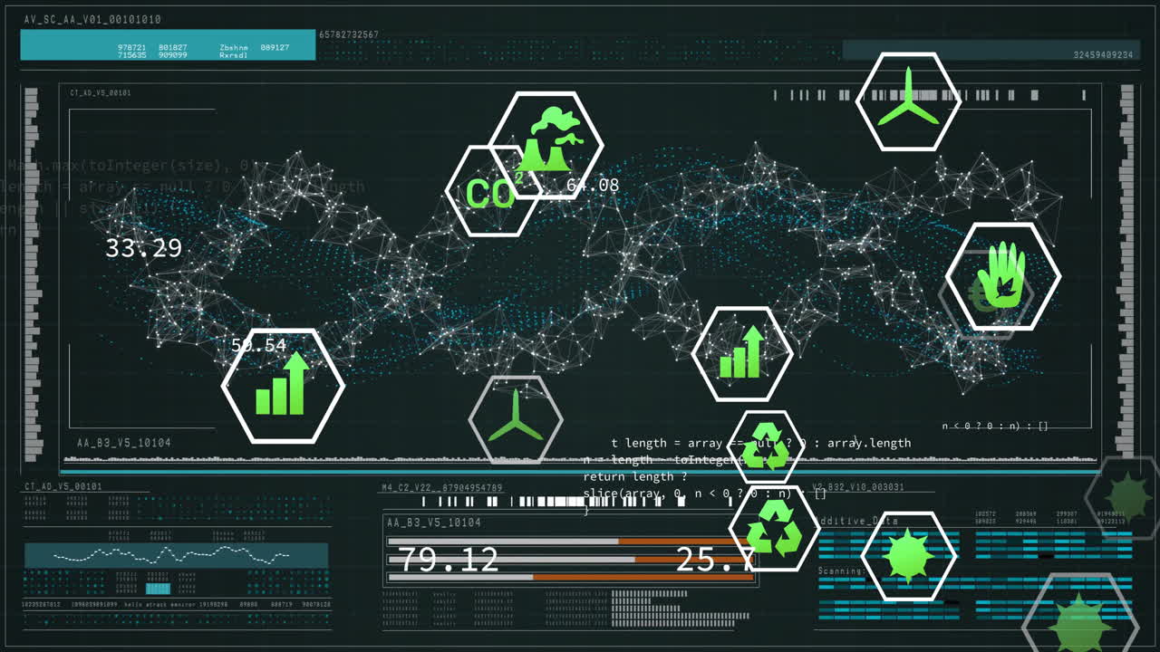 Animation of digital interface with sustainability icons and environmental data in network