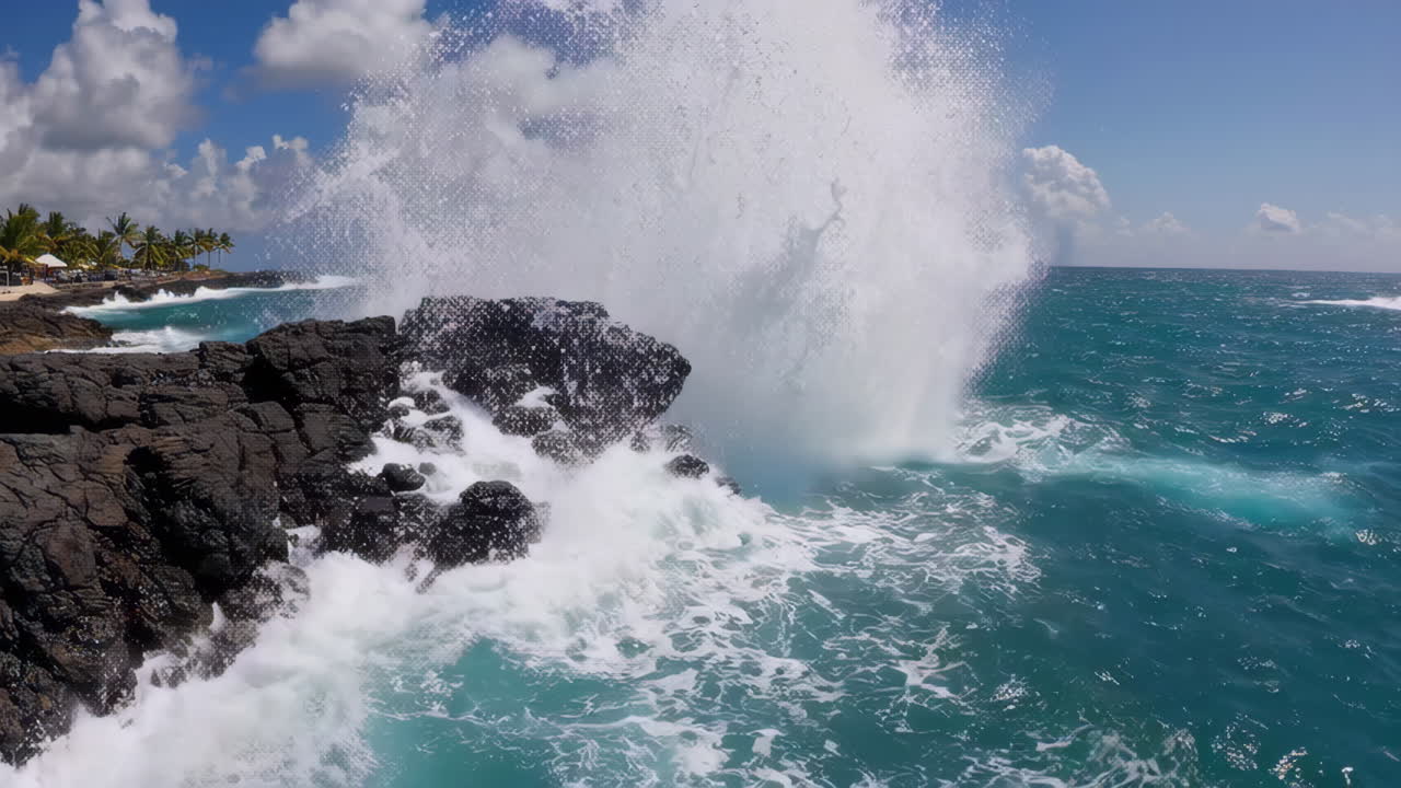 Ocean Waves Crashing on Volcanic Rocks